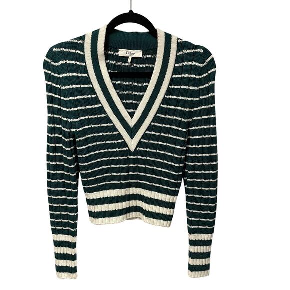 Chloe Sweaters - NWT Chloe Striped Ribbed Knit V Neck Jumper Sweater Dark Green Womens Small